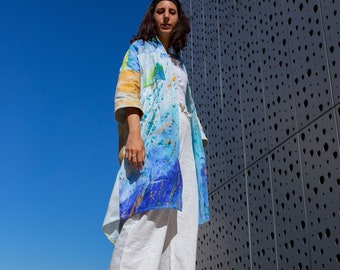 Wide painted shirt dress, xxl Mediterranean artwear shirt dress, wide blue yellow shirt