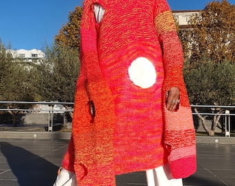 Oversized maxi handgebreide trui Funky Punk, losse ethische trui, grote roze trui