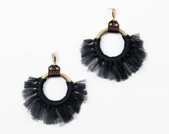 Recycled oversized earrings, ethical jewelry, brass and tulle earrings, black tulle earrings, BALLET earrings