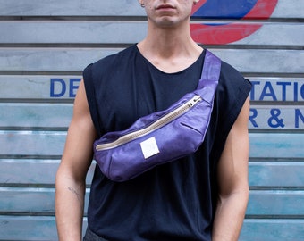 Purple leather fanny pack, ethical leather fanny pack, purple Miguel fanny pack, Etok Project fanny pack, unisex fanny pack, purple sports fanny pack