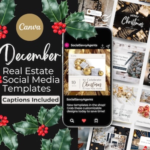 May include: A phone screen displaying a Canva design for December real estate social media templates with captions included. The design features a gold and white Christmas theme with the text "10 ways to Celebrate Christmas in Your New Home".