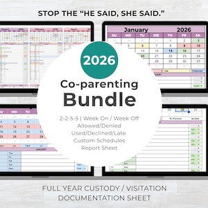 Peut inclure: Un ensemble numérique de coparentalité affiché sur quatre écrans d'ordinateur portable. Les écrans affichent des calendriers et des feuilles de documentation pour 2026. Le texte comprend "Stop the 'He Said, She Said'" et "Full Year Custody/Visitation Documentation Sheet."