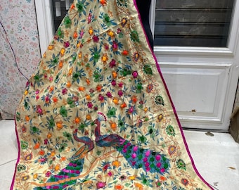 Handcrafted Chiffon Dupatta: Embroidered Floral Peacock Design