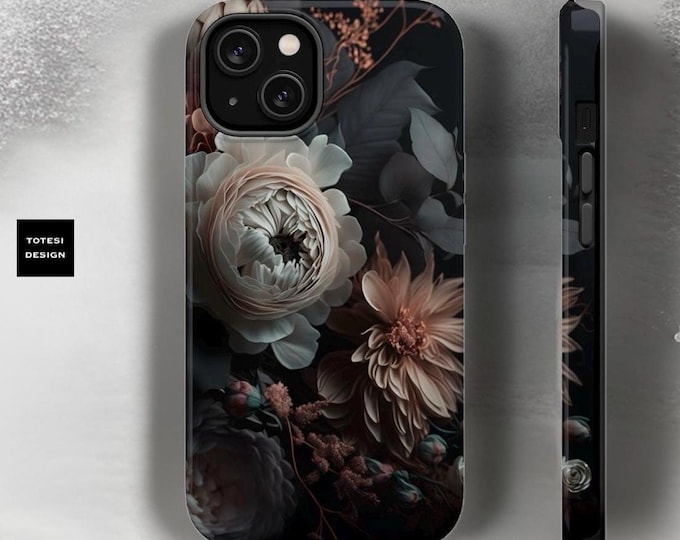 Black Dark Flowers Magnetic Compatible Gothic Floral Art aesthetic iPhone case 13 14 15 16 Pro Max Plus Mini | Glossy Matte