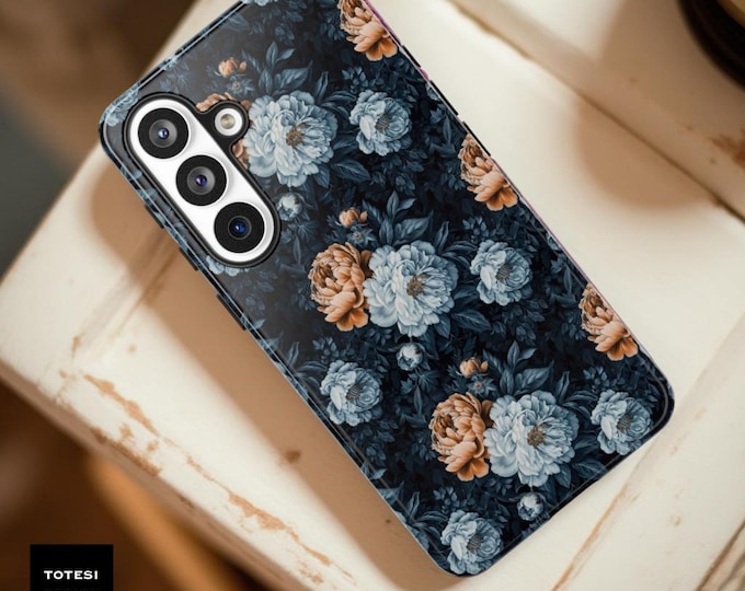 Blue Floral Samsung Galaxy S26 S25 Case: Vintage Flower Art, Glossy or Matte
