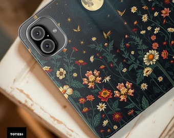 Celestial Night Garden Floral Phone Wallet Case: Faux Leather Flip Cover