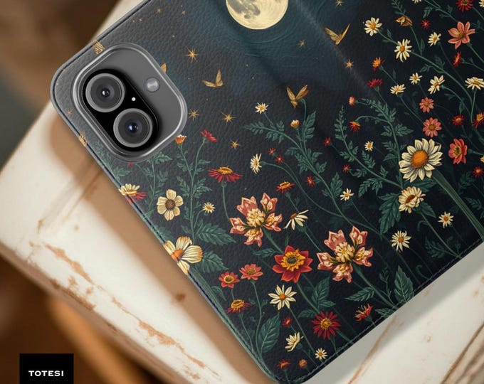 Celestial Night Garden Floral Phone Wallet Case: Faux Leather Flip Cover