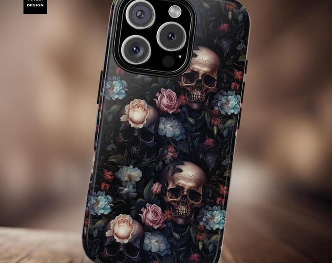 Dark Floral Gothic Skulls Roses Aesthetic| iPhone Tough Case 16 15 14 13 12 11 Pro Max, Plus, Pro,  Mini | Witchy | Glossy Matte