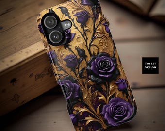 Gold Purple Floral  Bling Magnetic Tough Cases, iPhone MagSafe 17 16 15 14 13