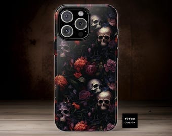 Gothic Floral Dark Skulls Roses Aesthetic| iPhone Tough Case 16 15 14 13 12 11 Pro Max  Plus | ornamental Victorian Gothic | Glossy Matte
