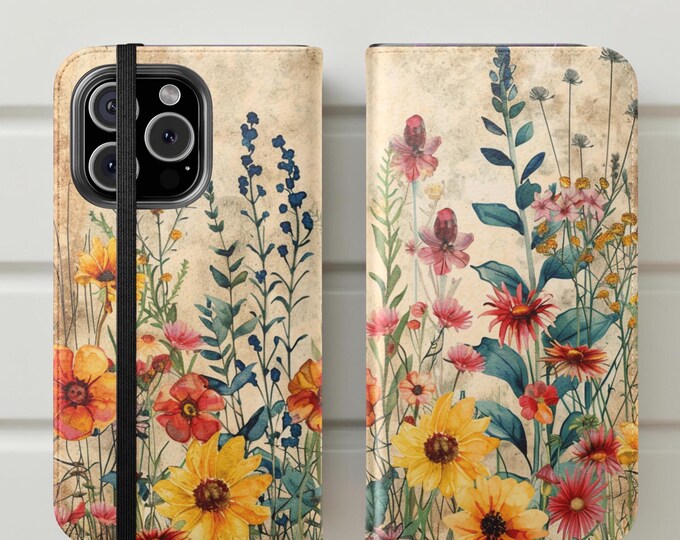 Wildflowers Vintage Flip Cases Stand and Cardholder, Samsung Galaxy, iPhone Cases, S25 S24 S23, 16 15 14 Birthday Gifts Her, Phone