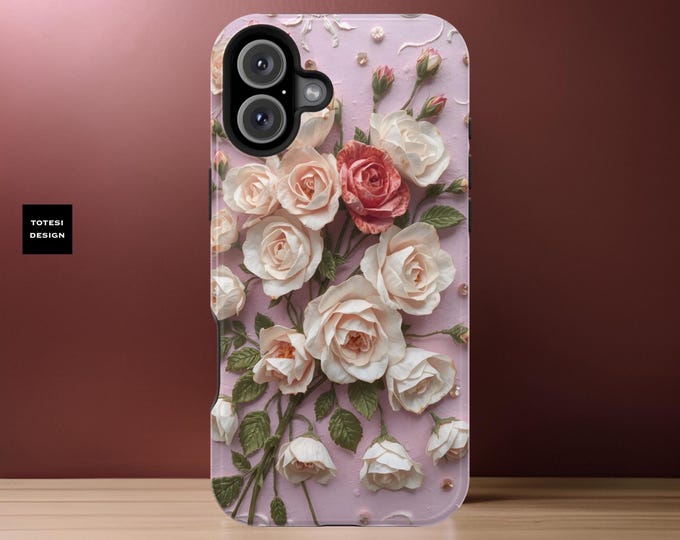 Pink Magnetic iPhone Tough Case, Spring Pastel Floral MagSafe Cover, Gift for Her, Roses Phone Case, 16 15 14 13 Pro Max Plus, Floral Phone