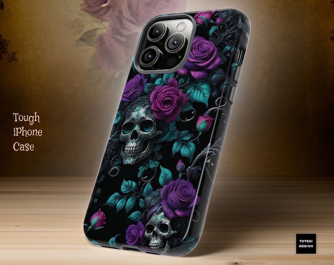 Victorian Gothic Black Purple Roses Skulls iPhone tough case 15 14 13 12 11 Plus Pro Max Mini |Glossy Matte