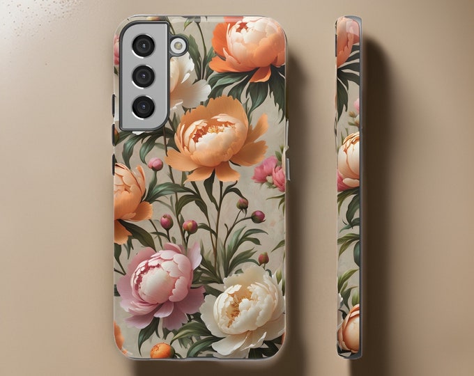 Floral cell phone case tough cases coral pink peonies  |Samsung S21, S22, 23, S24  Plus, Ultra |Glossy Matte