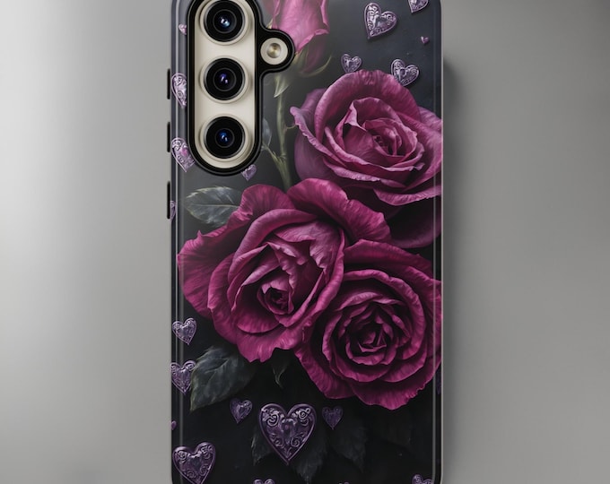 Dark Floral Gothic Roses Samsung S25 S24 S23 Phone Cases, Romantic Tough Cases, iPhone Samsung Google, Purple Black, Dark Academia Hearts