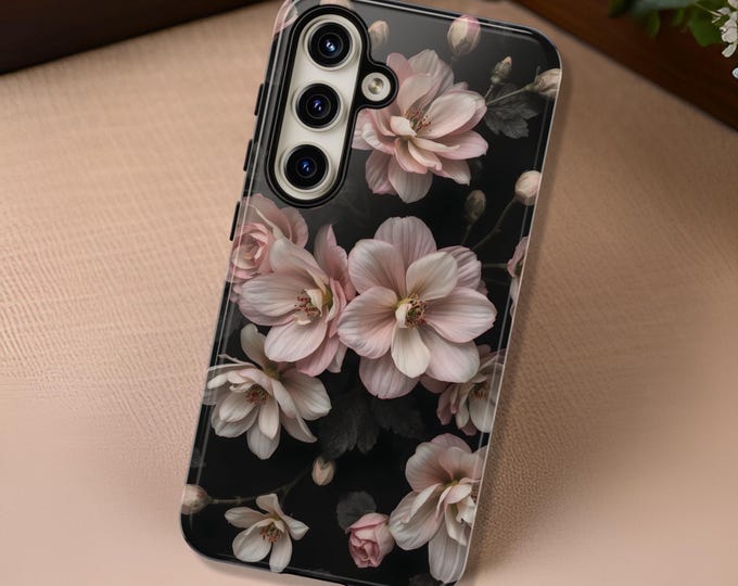 Romantic Pink Floral Black Phone Case, Bridal Shower Gift Samsung S25 S24 iPhone 17 16 15 14