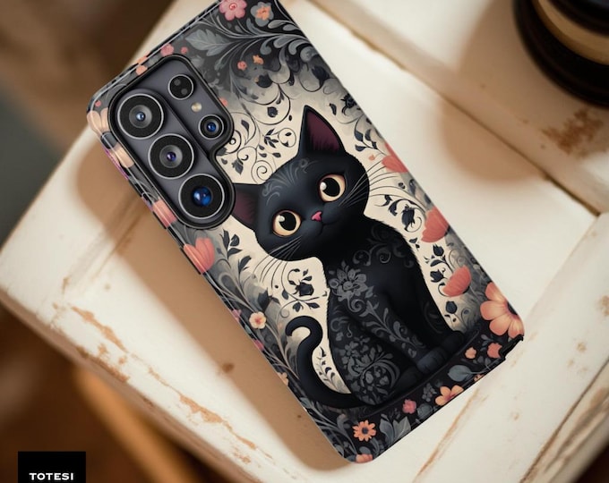 Black Kitty Cat Vintage Unique Floral Phone Case