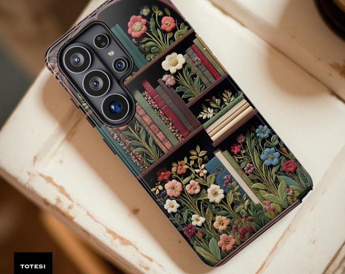 Floral Bookshelf Phone Case: Whimsical Book Lover Gift