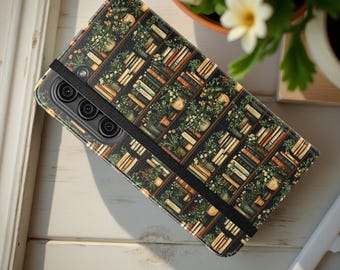 Green Plants Bookish Nature Bookshelf Wallet Folio Flip Cases - reader Phone Case Cardholder, Book Lover Gift, iPhone Samsung Phone Cover