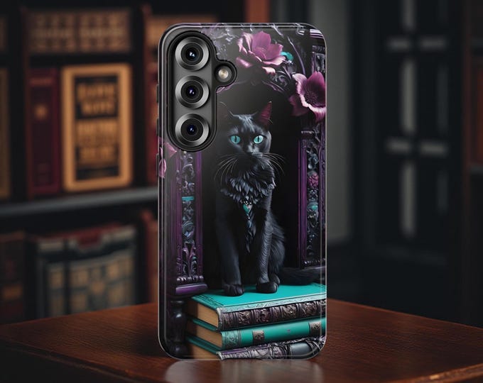 Gothic Dark Academia Black Cat Books Bookcase Samsung Galaxy Tough Case S25 24 23 22 21  Plus Ultra Glossy Matte