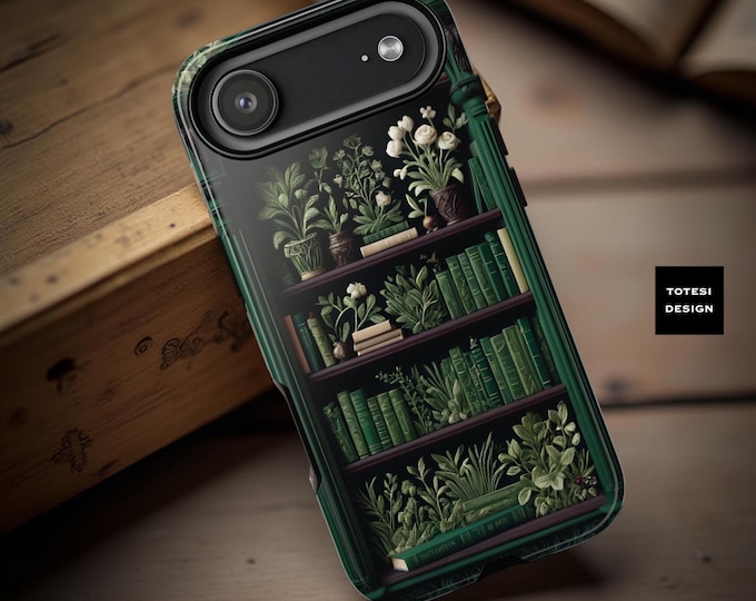 Green Gothic Bookcase Phone Case: Bookish Garden Library