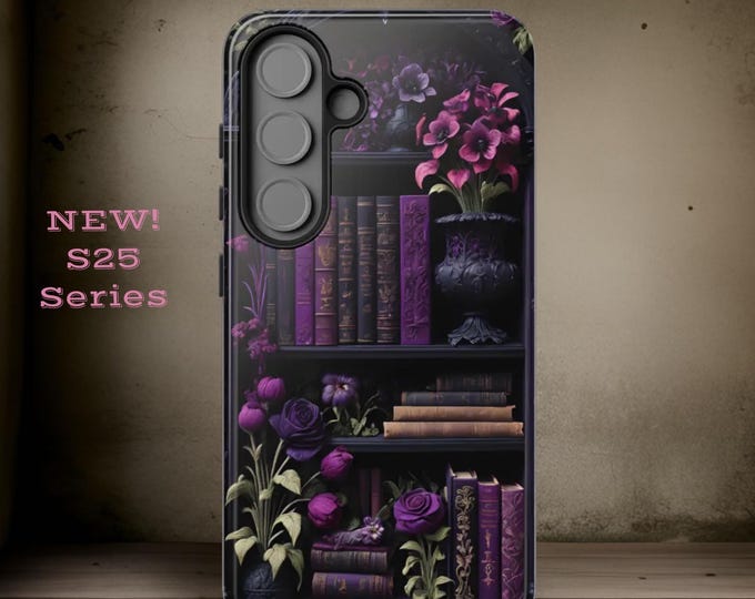 Purple book shelf gothic dark academia floral books bookshelf, iPhone Samsung Galaxy S25 S24 S23 Plus Ultra, iPhone 16 15 14 Tough Cases
