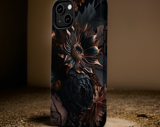 Black Dark Moody Floral Academia Gothic Magnetic iPhone Tough Case 16 15 14 13 Pro Max Plus Mini | Glossy or Matte