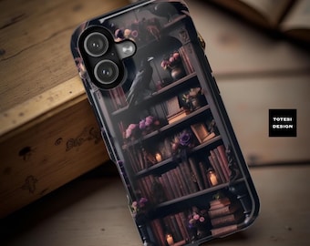 Bookish Goth Dark Academia Raven Bookshelf iPhone Case, Magnetic Compatible