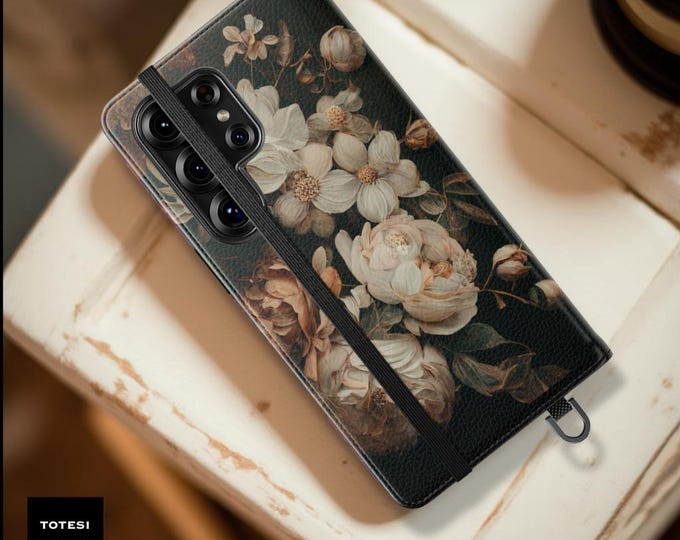 Dark Moody Floral Faux Leather Wallet Phone Case, iPhone Samsung Cover