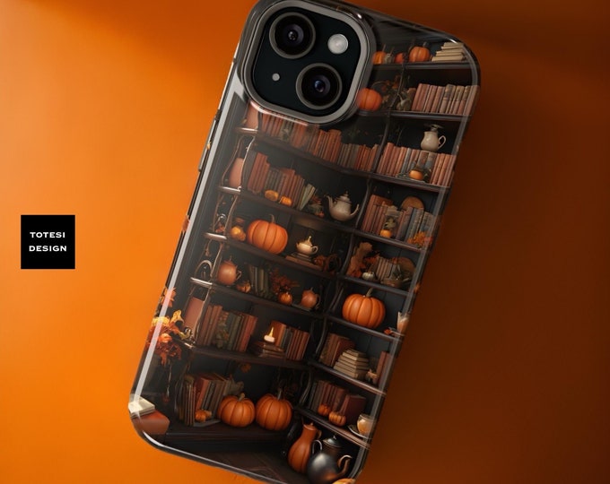 Book phone case Fall leaves pumpkins goth Magnetic Compatible Dark Academia aesthetic iPhone tough case  - 13 14 15 16 Pro Max Plus Mini