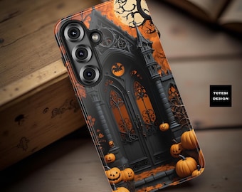 Spooky Halloween Gothic Gate Pumpkins iPhone Tough Dual layer case 17 16 15 14 13 12 , Samsung S25 S24 S23