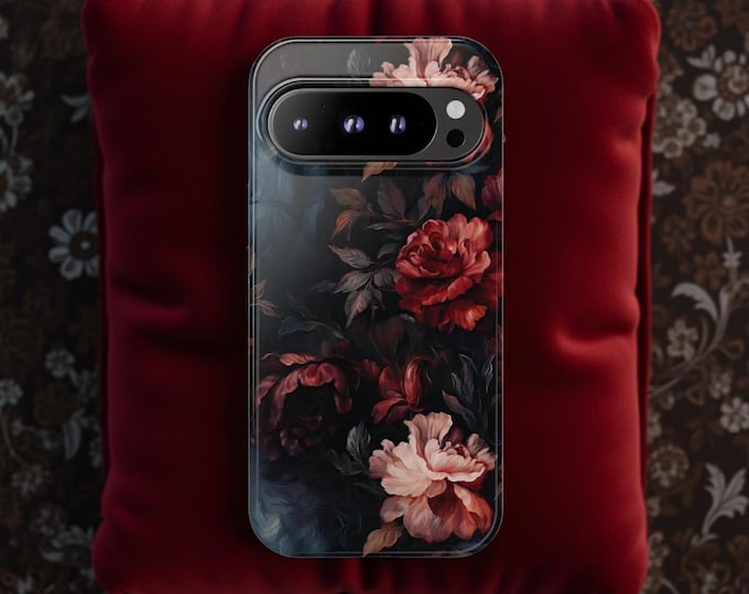 Gothic Floral Tough Cases - Samsung S25 S21 S23 Google Pixel 9 7 iPhone 16 15 14 13 Pro Max Plus, Dark Academia Phone Covers, Protective