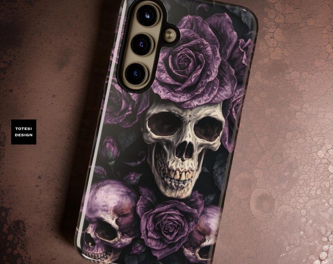 Gothic Skulls Purple Roses Tough Phone Case, iPhone Samsung Google Pixel, Gift for Daughter