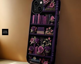 Magnetic Tough Cases, Cute Floral Pink Purple Book Lover, iPhone Comp, Matte Glossy, MagSafe, 16 15 14 13 Pro Max Plus, Tough Case