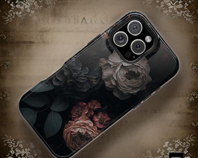 Magnetic Dark Floral Academia Gothic Black iPhone tough case - 13 14 15 16 Pro Max, Pro, Mini, Plus | Glossy or Matte |