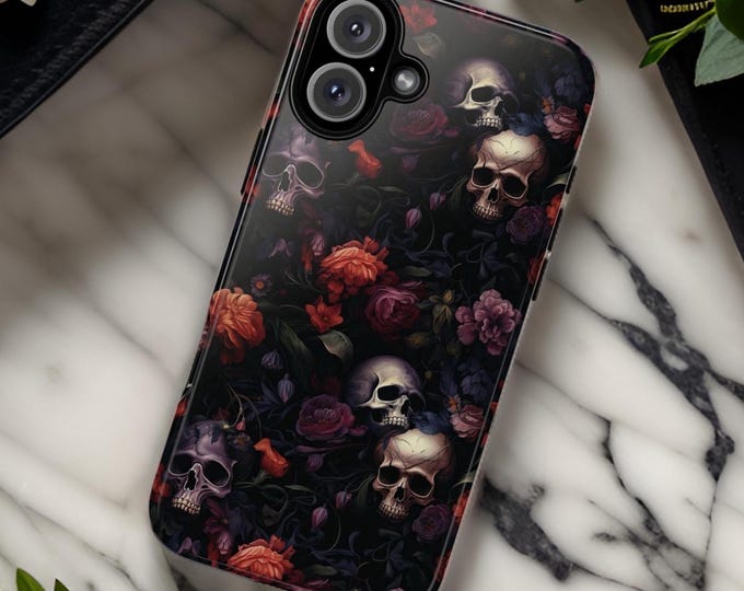Gothic Floral Dark Skulls Roses Aesthetic| iPhone Tough Case 16 15 14 13 12 11 Pro Max Plus | Spooky Season Halloween | Glossy Matte