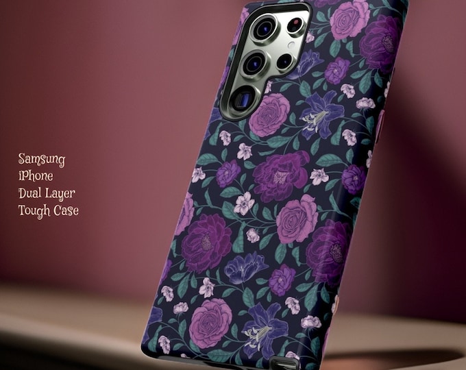 Black purple, violet dark floral aesthetic Samsung Galaxy Tough Case S23 S22 S21 Plus Ultra | iPhone tough cases |  Glossy or Matte