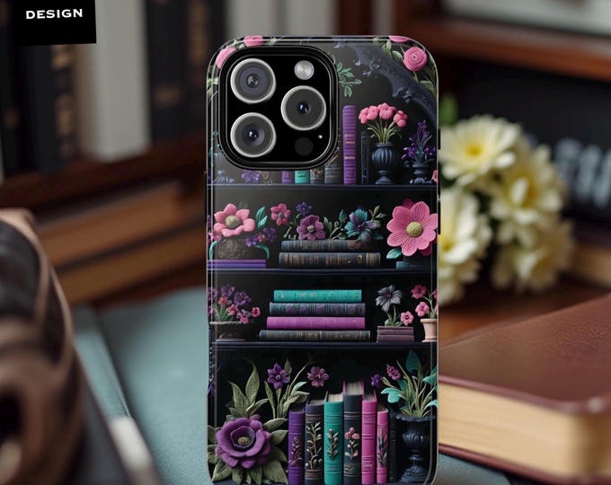 Cute Bookcase Books Floral Bookshelf iPhone tough dual layer phone case 16 15 14 13 12 11 Pro Max Plus, Samsung S25 S24 S23 S22 Plus Ultra