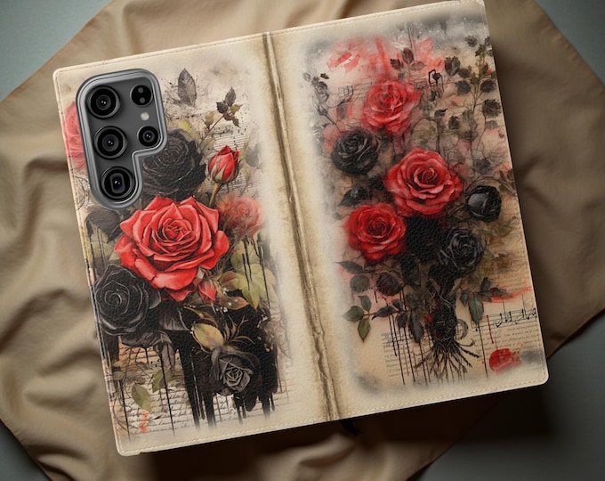 Floral Faux Leather Phone Wallet: Gothic Black & Red Rose Flip Case