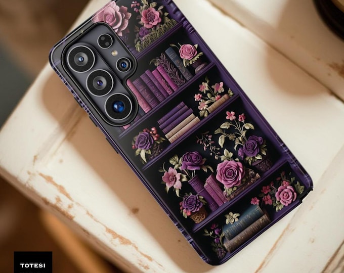 Goth Floral Bookshelf Phone Case, Dark Academia Bookish Design