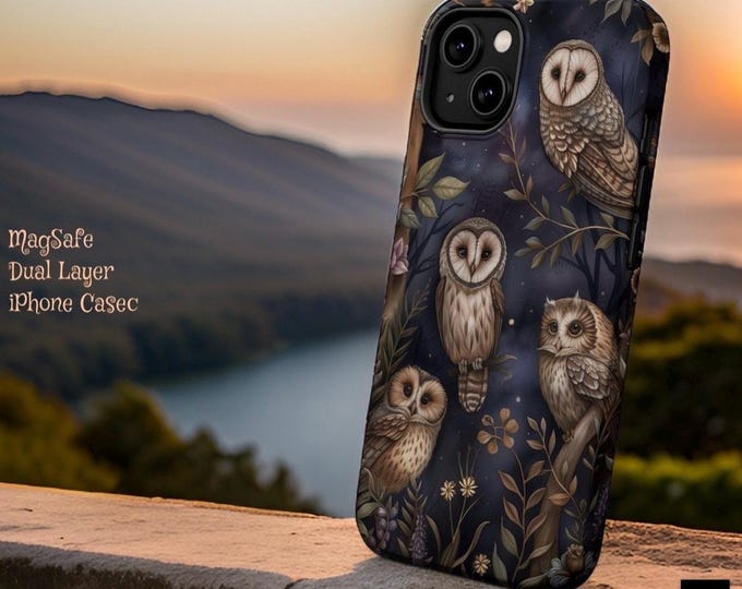 MagSafe Cute Evening Owls in Trees Magnetic iPhone 2 Layer tough case 13 14 15 16 Pro Max Plus Mini | Glossy or Matte Dual Layer Sturdy Case