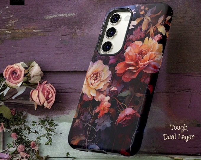 Dark Floral Academia, Samsung Galaxy Tough Case S23 S22 S21 Ultra Plus| ornamental Victorian Gothic Black | Glossy Matte