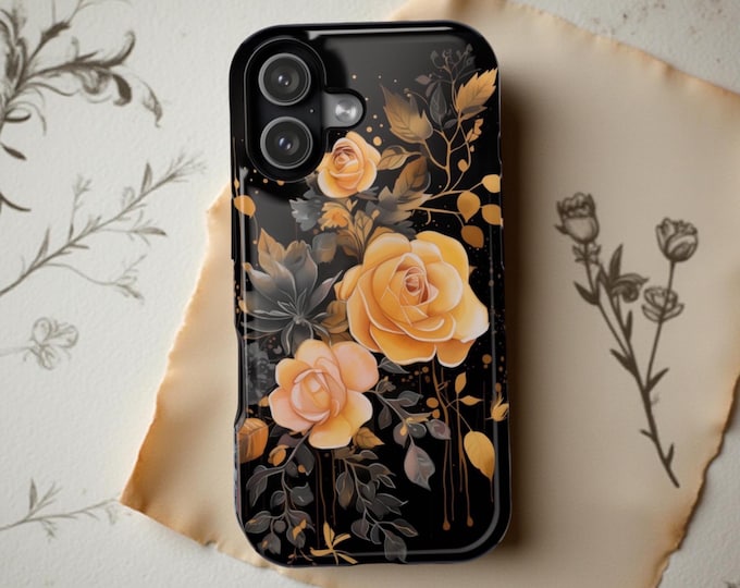 Black Floral Roses iPhone 16 17 Case: MagSafe Compatible Tough Phone Cover