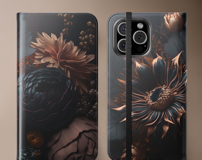 Dark Moody Floral Phone Cover Wallet Stand Case, Dark Academia Flip Folio Artsy Unique iPhone 16 15 14 13 12 Pro Max Plus, stylish chic gift
