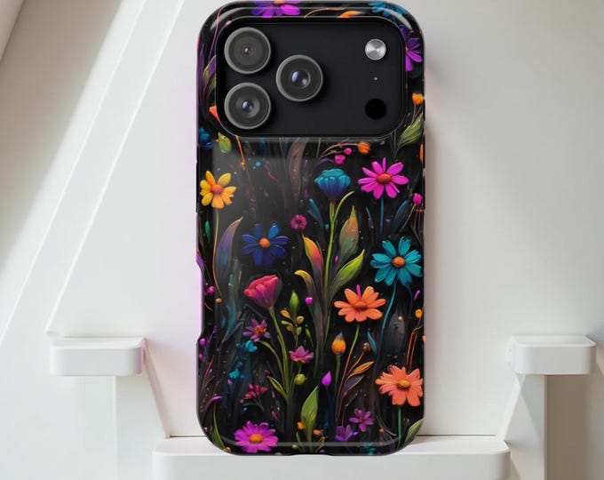 Black Neon Wildflowers MagSafe iPhone Case: Glossy or Matte Finish