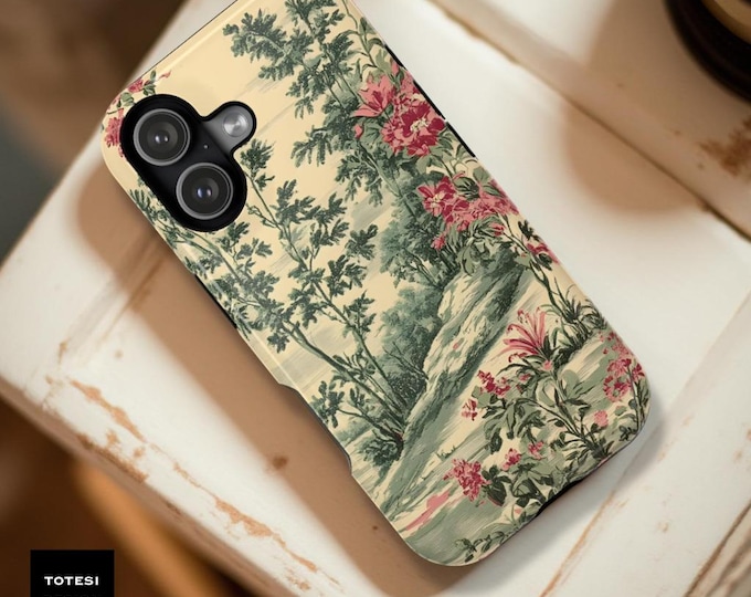 Vintage Botanical Toile iPhone Case: Floral Nature Design, MagSafe Compatible