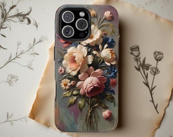 Dark Floral Art MagSafe iPhone Tough Case: Gray Vintage Design