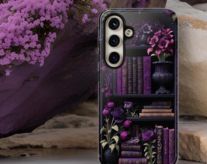Purple gothic dark academia floral books bookshelf, iPhone Samsung Galaxy Gift, Tough Cases Alternative Names: Owl Phone Cover, Floral Phone