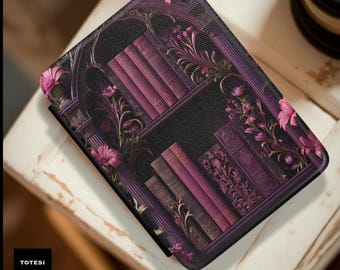 Vintage Bookcase Floral Kindle Case | Purple Bookshelf Pattern