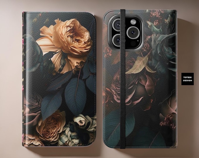 Dark Floral Academia, iPhone Cover Case 11, 12,13,14 15 16 Pro Max Plus Samsung Galaxy| ornamental Victorian Gothic floral Stand cardholder